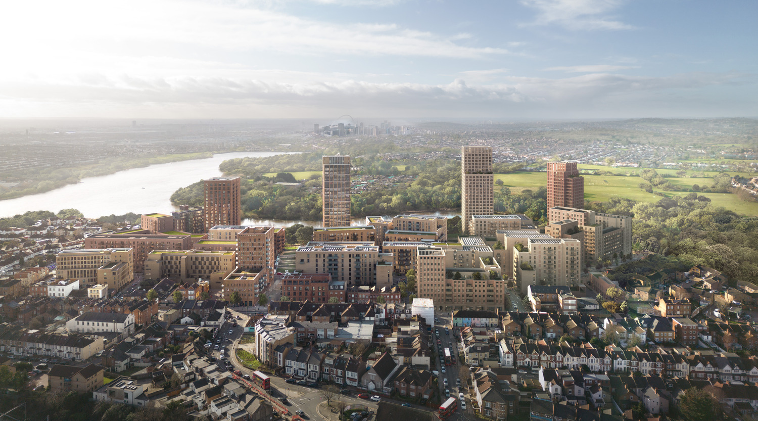 West Hendon Broadway development aerial view showing the waterside location and architectural design